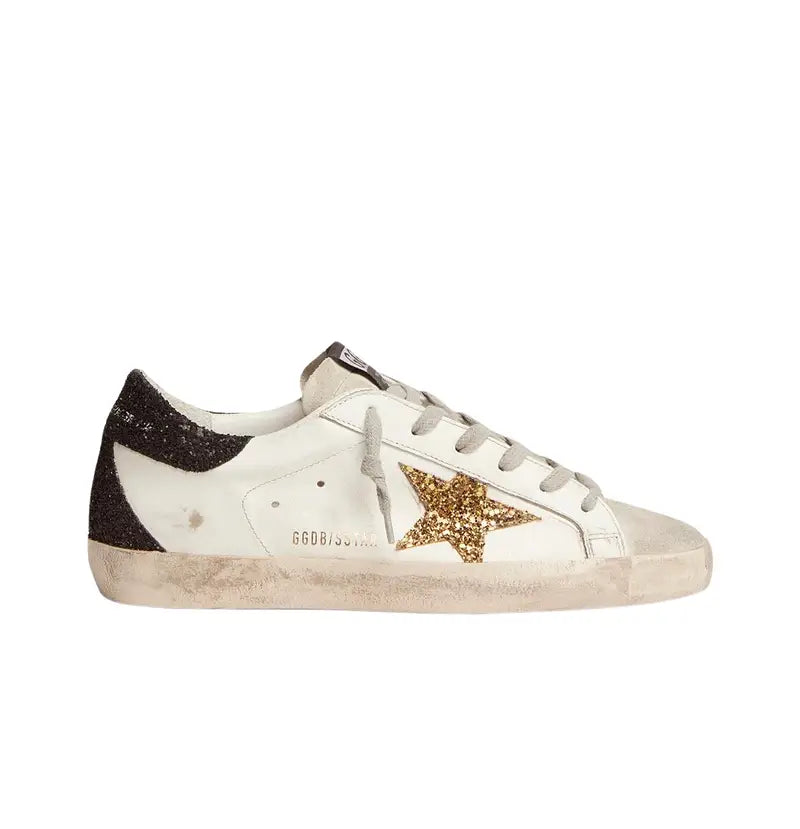 Golden Goose Super-leather with gold glitter star and black glitter heel tab